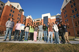UMSL Students outside of Oak Hall
